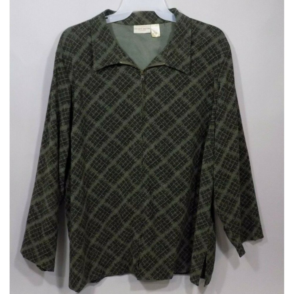 Jacklyn Smith Classic Plus Jacket Zip up Green Soft Squares 3x Velvety Casual